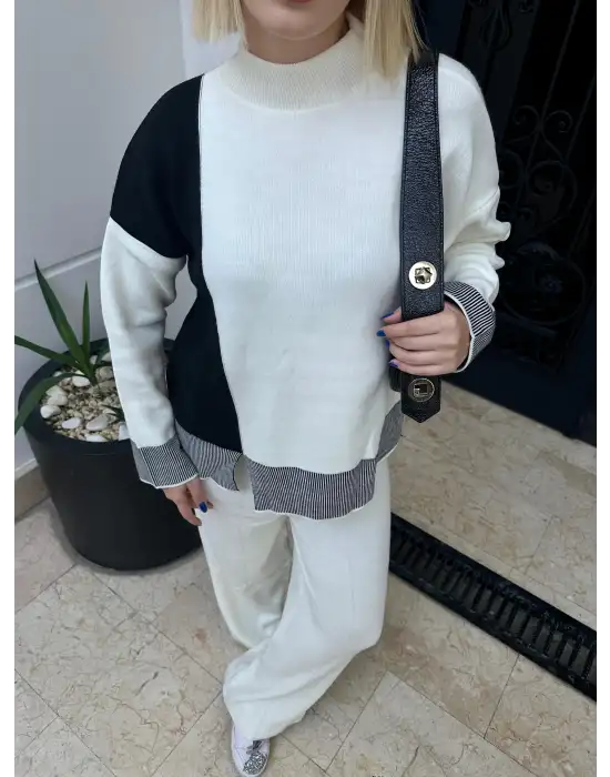 Duel Balıkçı Yaka Kazak/Pantolon Beyaz Triko Takım