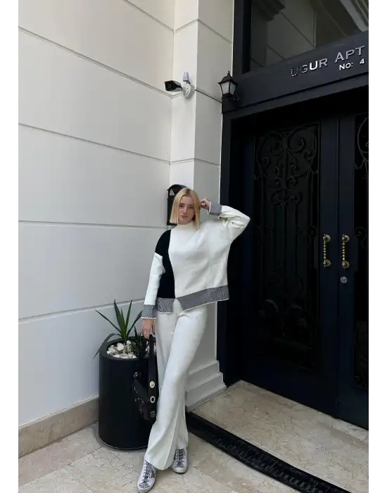 Duel Balıkçı Yaka Kazak/Pantolon Beyaz Triko Takım