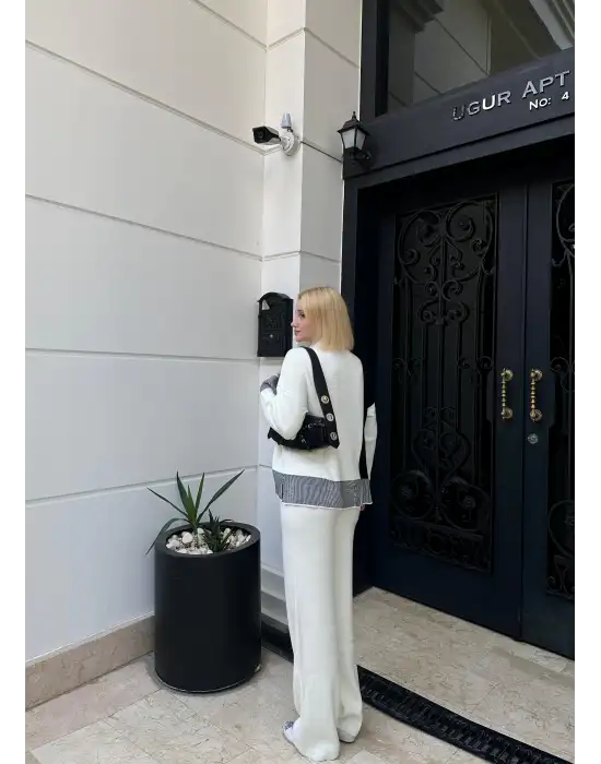 Duel Balıkçı Yaka Kazak/Pantolon Beyaz Triko Takım