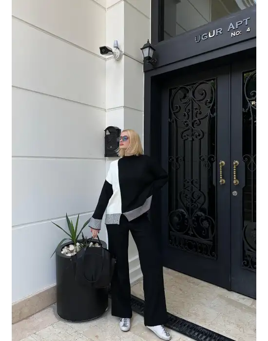 Duel Balıkçı Yaka Kazak/Pantolon Siyah Triko Takım