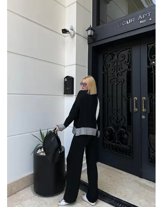 Duel Balıkçı Yaka Kazak/Pantolon Siyah Triko Takım