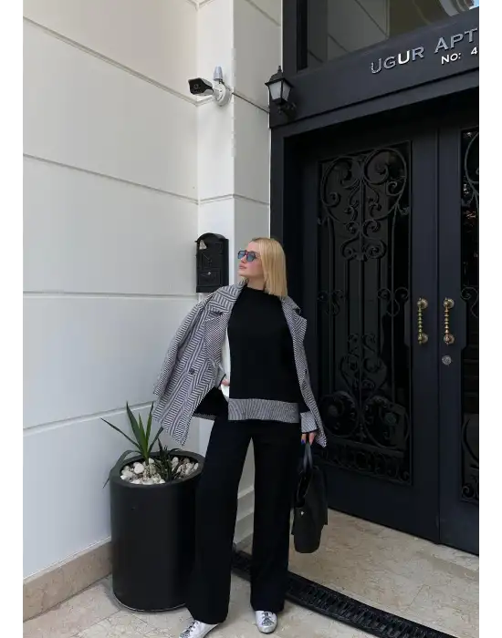 Duel Balıkçı Yaka Kazak/Pantolon Siyah Triko Takım