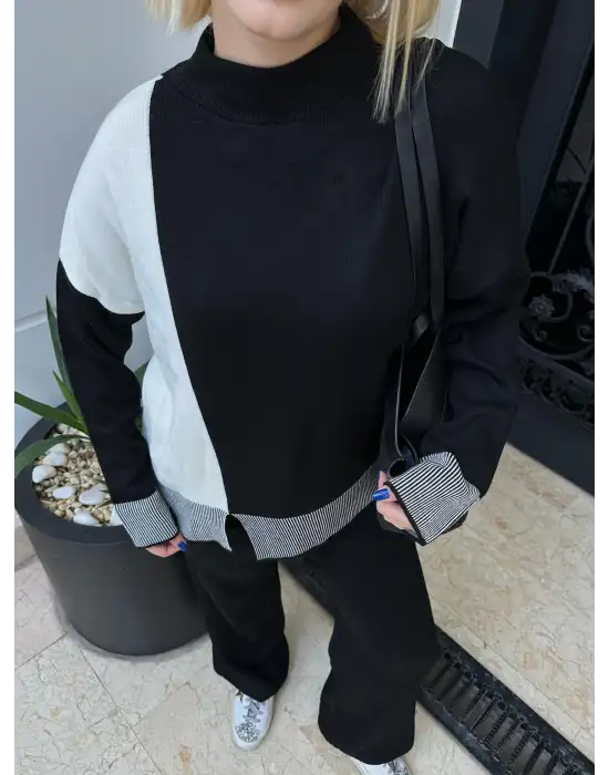 Duel Balıkçı Yaka Kazak/Pantolon Siyah Triko Takım