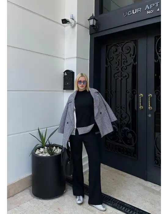 Duel Balıkçı Yaka Kazak/Pantolon Siyah Triko Takım