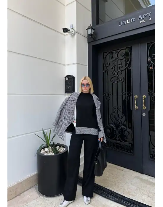 Duel Balıkçı Yaka Kazak/Pantolon Siyah Triko Takım