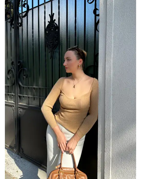 Elia Camel Kalp Yaka Esnek Triko Kazak