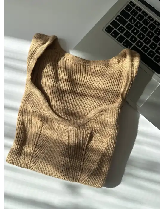 Elia Camel Kalp Yaka Esnek Triko Kazak