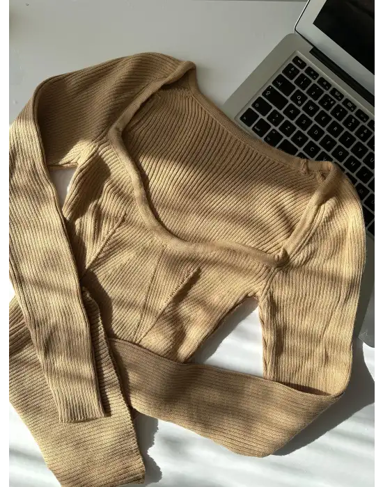 Elia Camel Kalp Yaka Esnek Triko Kazak