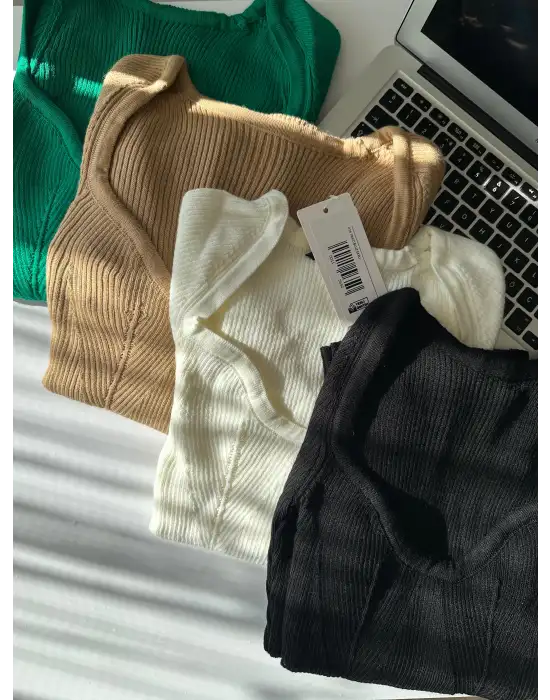 Elia Benetton Yeşil Kalp Yaka Esnek Triko Kazak