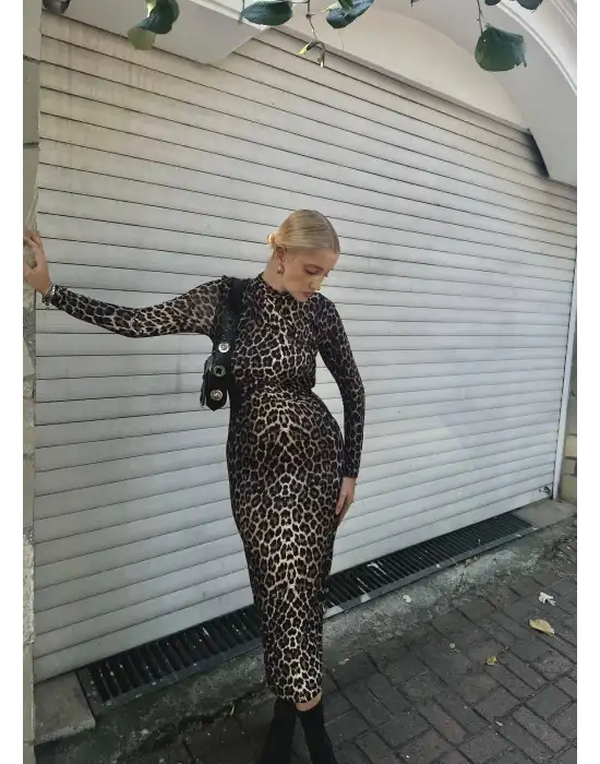 Era Drapeli Midi Boy Leopar Elbise