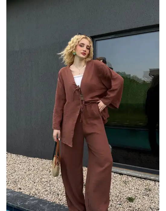 Ferina Kahve Muslin Ön Bağlamalı Kimono Takım