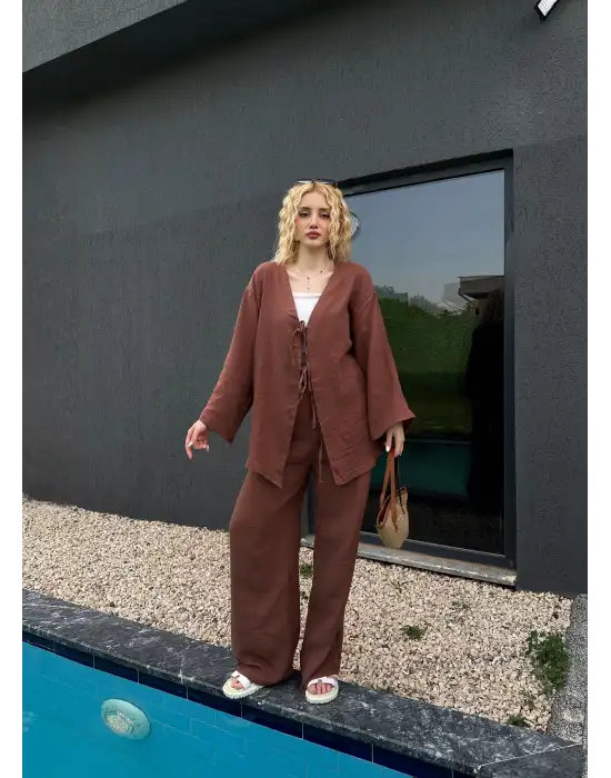 Ferina Kahve Muslin Ön Bağlamalı Kimono Takım