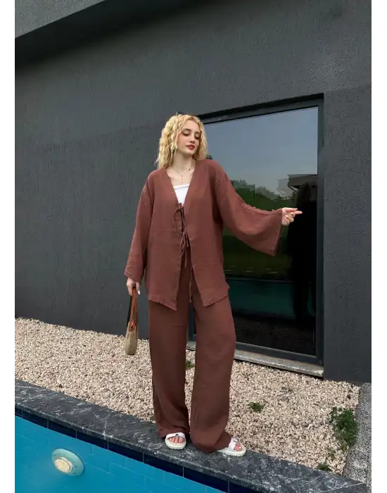 Ferina Kahve Muslin Ön Bağlamalı Kimono Takım