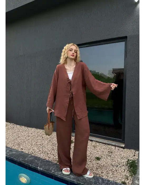 Ferina Kahve Muslin Ön Bağlamalı Kimono Takım