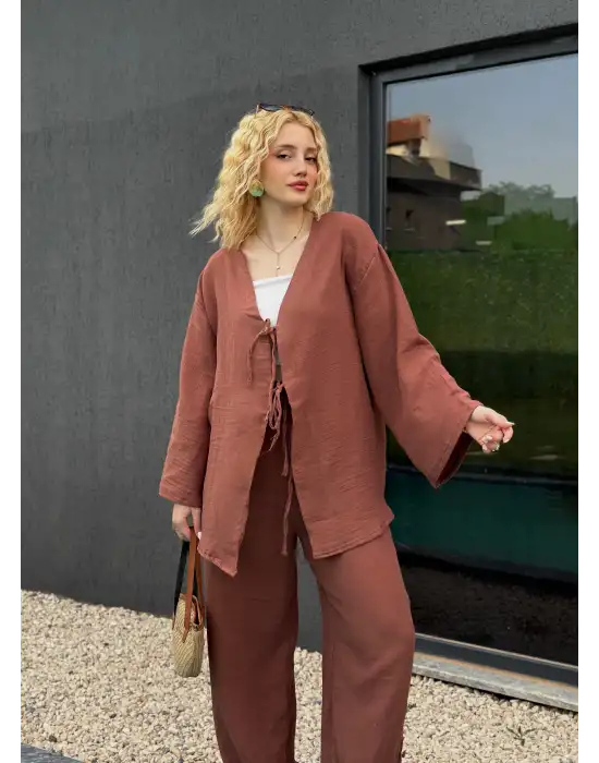 Ferina Kahve Muslin Ön Bağlamalı Kimono Takım