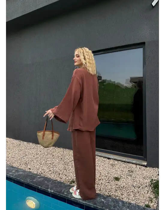 Ferina Kahve Muslin Ön Bağlamalı Kimono Takım