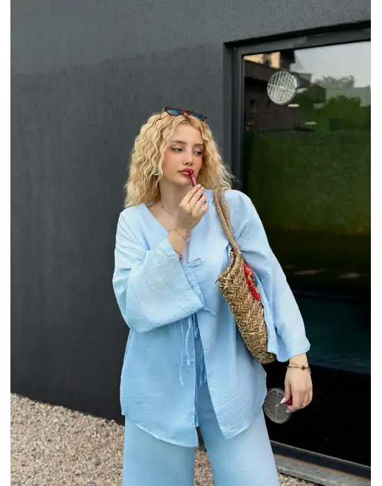 Ferina Bebe Mavi Muslin Ön Bağlamalı Kimono Takım