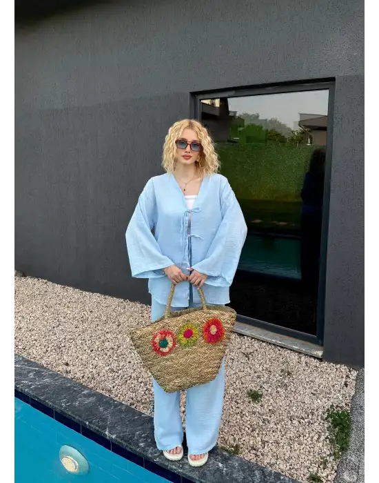 Ferina Bebe Mavi Muslin Ön Bağlamalı Kimono Takım