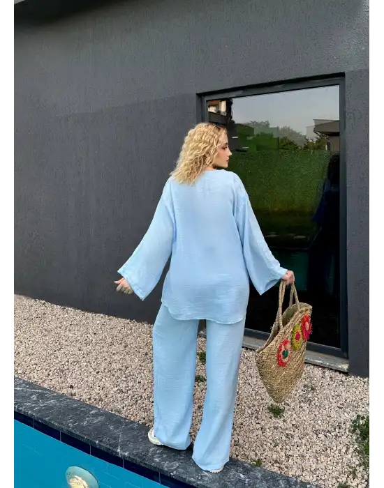 Ferina Bebe Mavi Muslin Ön Bağlamalı Kimono Takım