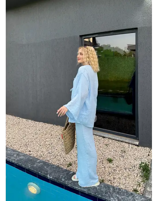 Ferina Bebe Mavi Muslin Ön Bağlamalı Kimono Takım