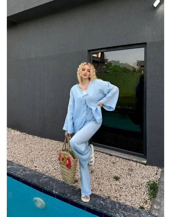 Ferina Bebe Mavi Muslin Ön Bağlamalı Kimono Takım