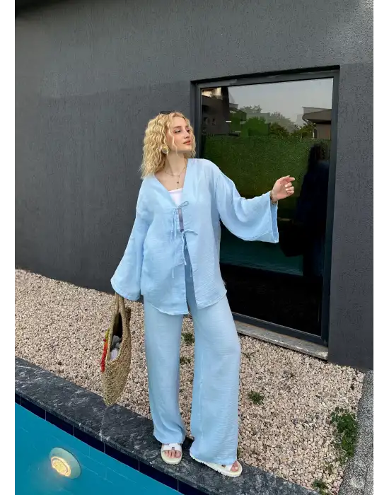 Ferina Bebe Mavi Muslin Ön Bağlamalı Kimono Takım