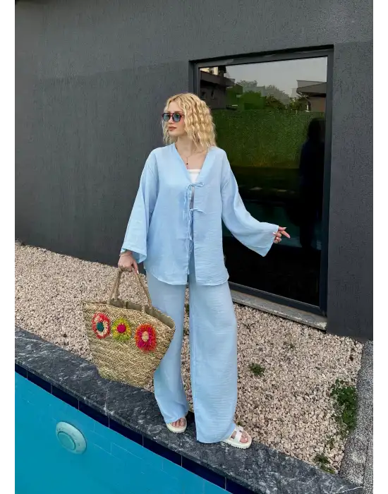 Ferina Bebe Mavi Muslin Ön Bağlamalı Kimono Takım