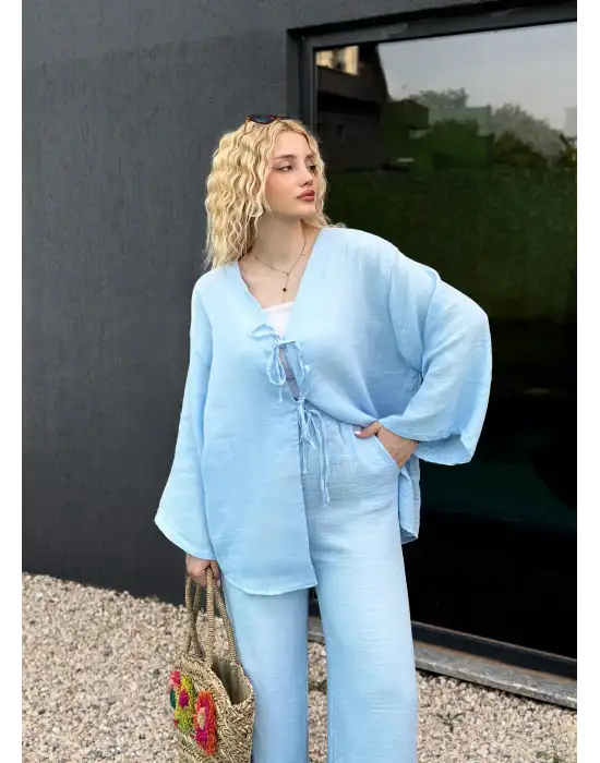 Ferina Bebe Mavi Muslin Ön Bağlamalı Kimono Takım