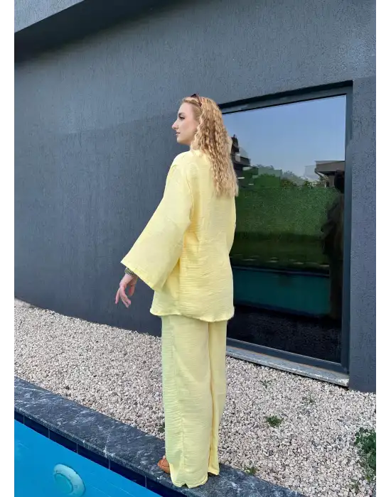 Ferina Pastel Sarı Muslin Ön Bağlamalı Kimono Takım