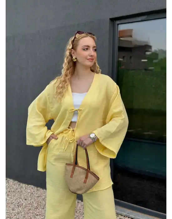 Ferina Pastel Sarı Muslin Ön Bağlamalı Kimono Takım