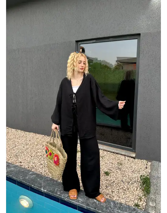 Ferina Siyah Muslin Ön Bağlamalı Kimono Takım