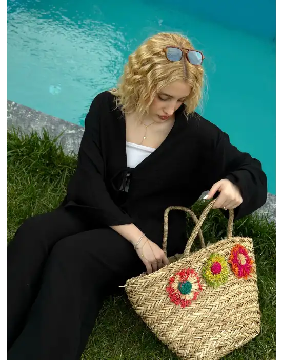 Ferina Siyah Muslin Ön Bağlamalı Kimono Takım