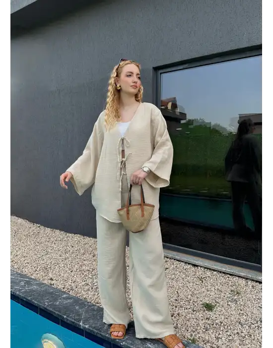 Ferina Taş Muslin Ön Bağlamalı Kimono Takım