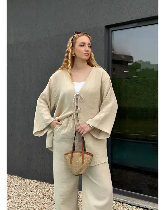 Ferina Taş Muslin Ön Bağlamalı Kimono Takım