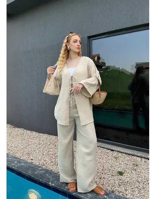 Ferina Taş Muslin Ön Bağlamalı Kimono Takım