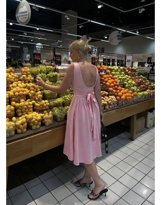 Fiona Pembe Kurdele Detay Korseli Midi Boy Elbise