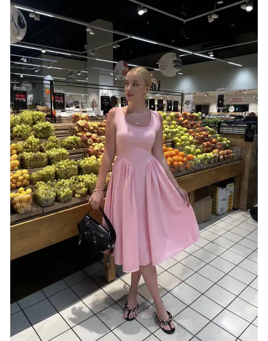 Fiona Pembe Kurdele Detay Korseli Midi Boy Elbise