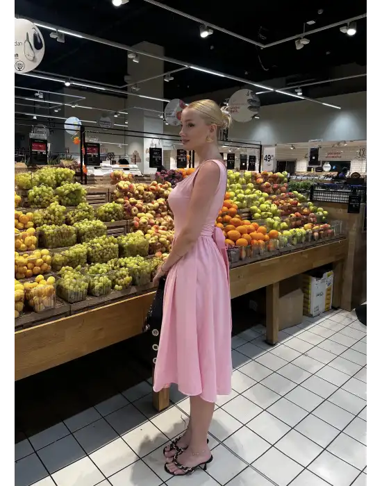 Fiona Pembe Kurdele Detay Korseli Midi Boy Elbise