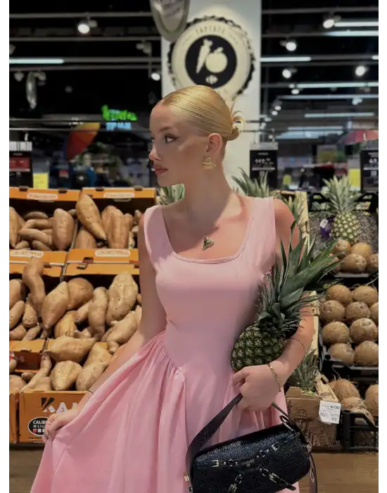 Fiona Pembe Kurdele Detay Korseli Midi Boy Elbise