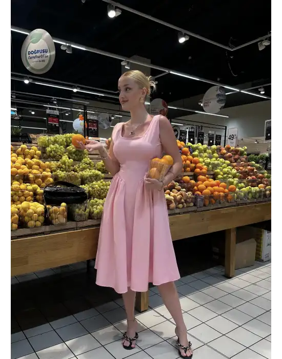 Fiona Pembe Kurdele Detay Korseli Midi Boy Elbise