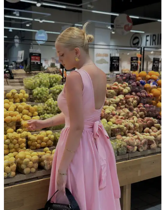 Fiona Pembe Kurdele Detay Korseli Midi Boy Elbise