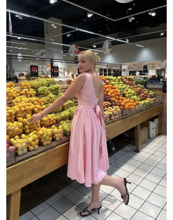 Fiona Pembe Kurdele Detay Korseli Midi Boy Elbise