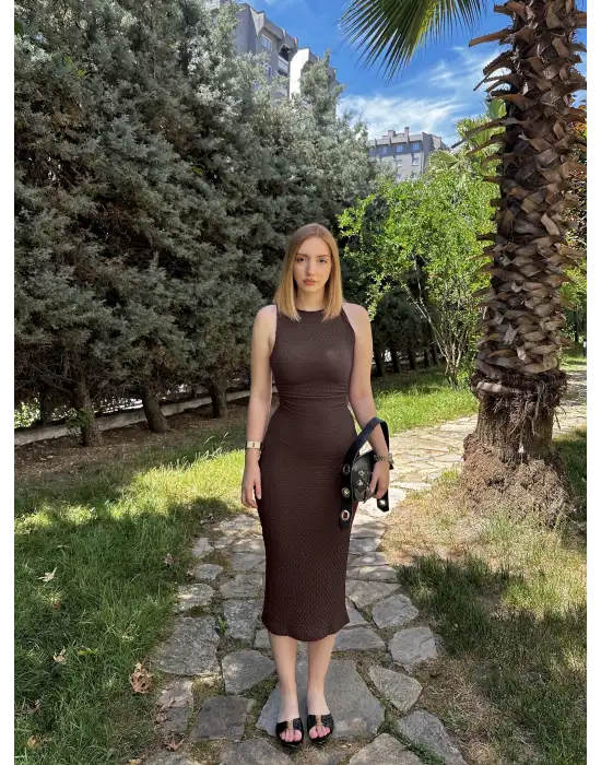 Goffre Drapeli Midi Basic Kahve Elbise