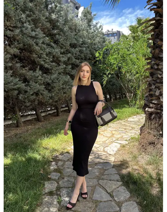 Goffre Drapeli Midi Basic Siyah Elbise