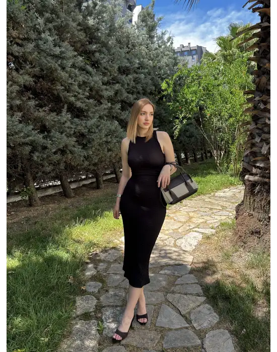 Goffre Drapeli Midi Basic Siyah Elbise