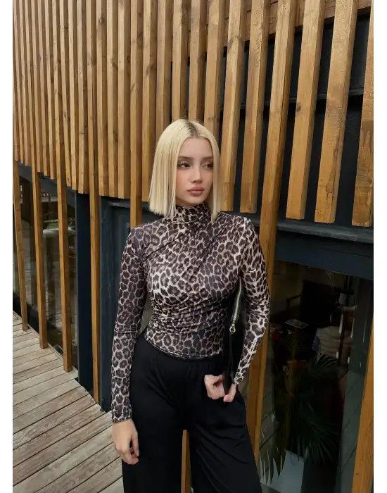 Holly Kahve Leopar Drapeli Bluz