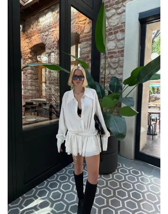 Jessica Beyaz Tasarım Gömlek Elbise