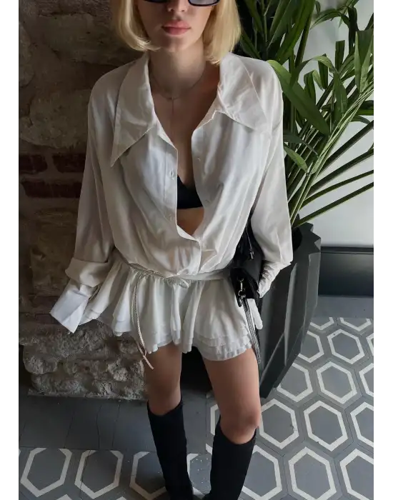 Jessica Beyaz Tasarım Gömlek Elbise