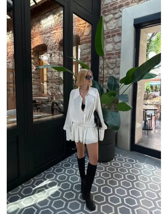 Jessica Beyaz Tasarım Gömlek Elbise