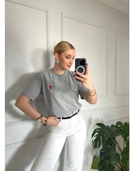 Kalp Nakış Orijinal Marka Oversize Pamuk Gri Tshirt